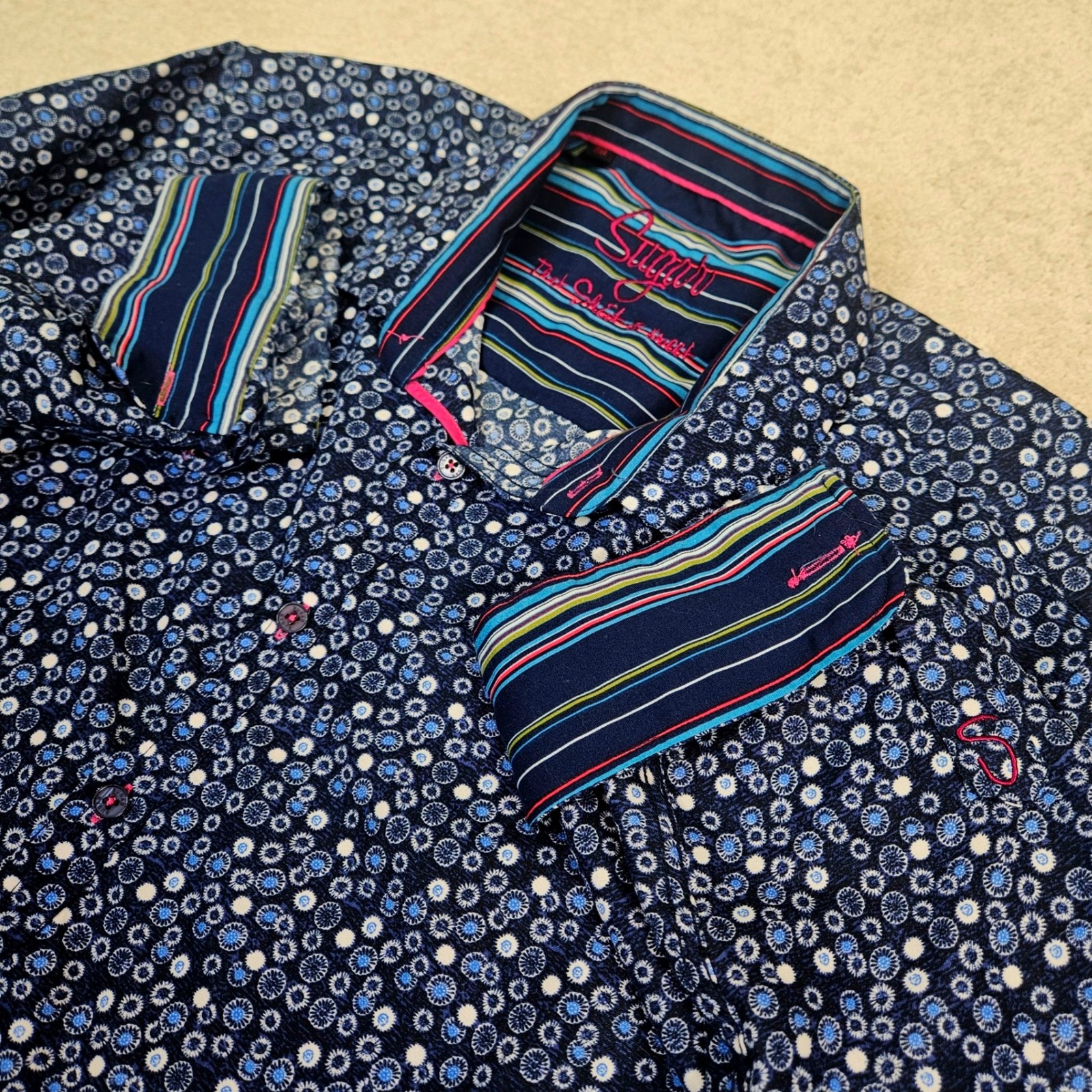 Sugar Men's Long Sleeve Button Down Contemporary Circles Pattern Blue Pink Xxl